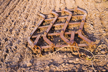 Ancient iron plow on the earth in the spring. Old garden tools. Harrow.