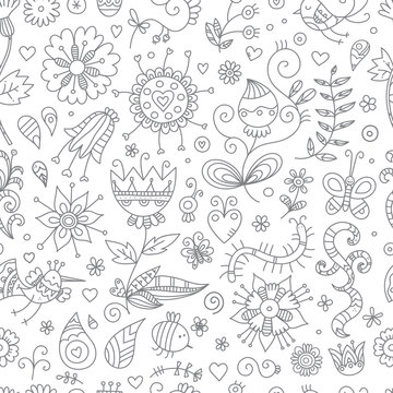 Seamless pattern with cute cartoon insects and birds on white  background. Flowers and plants of summer time. Vector contour doodle style image. 