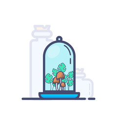Florarium with mushrooms and grass on shelf. Flat outline vector illustration