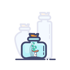 Florarium with mushrooms and grass on shelf. Flat outline vector illustration