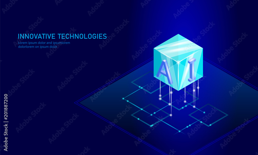 Poster isometric artificial intelligence business concept. blue glowing isometric personal information data