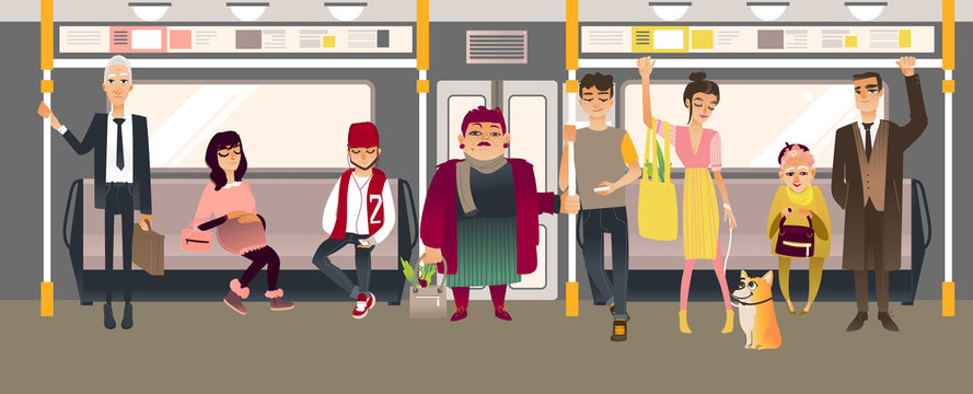 People in subway inside train sitting, standing and holding on to handrails while riding in underground rail car. Cartoon vector illustration of men and women in public transport.