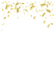 Gold, Silver Foil Confetti Falling Down. Elegant Christmas, Birthday Party, New Year Winter Background. Gift Card, Sale Golden Tinsel Texture. Noble Gold, Silver Foil Confetti Border