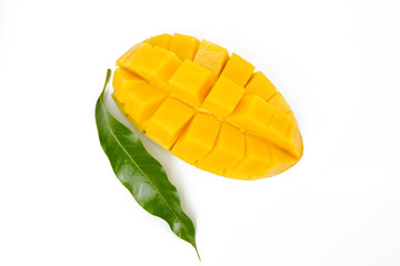 Slice cut of Mango fruit and leaf isolated white background