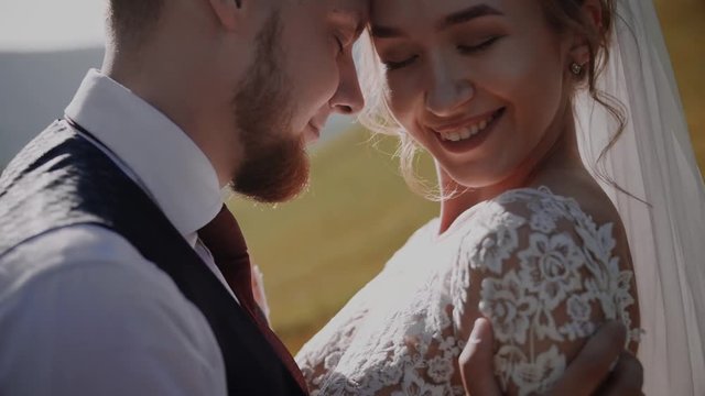 Wedding Couple Walks in Mountains 
