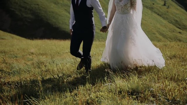 Wedding Couple Walks in Mountains 