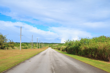 Straight road to horizon with utility pole