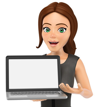 3D Business woman showing a blank screen laptop