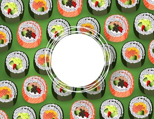 Sushi banner with fresh rolls pattern on green background and white round sticker with empty space for text - realistic japanese traditional seafood restaurant concept design. Vector illustration.