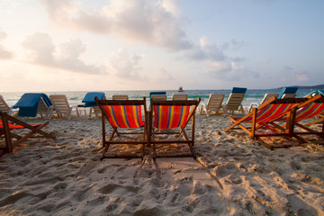 Beach chair prepare for welcome a Tourism on morning at tropical island, Samet Thailand