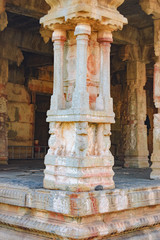 Ancient ruins of Kuduregombe Mantapa is located at the left on way from the Vittala Temple to the main road, Hampi, Karnataka, India. Close-up decoration of columns