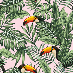 green jungle with toucan pink background