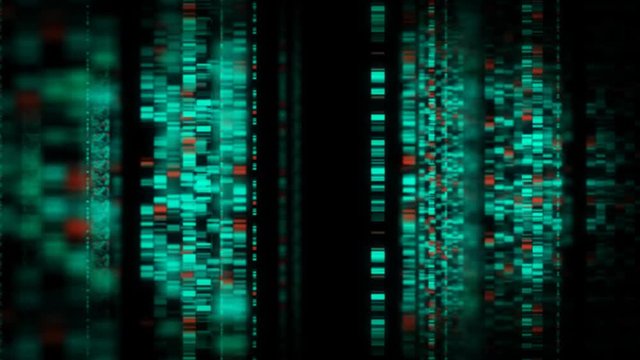 Digital DNA data graphics fly through loop. Depicting glowing random computer technology information on a black background. Useful for concept or backdrop.