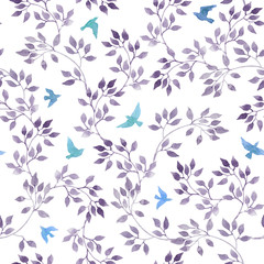 Fototapeta na wymiar Seamless romantic pattern with hand painted cute leaves, ditsy watercolor birds. Watercolour