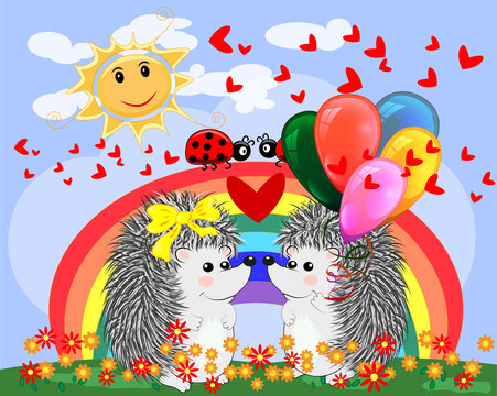 Two lovers cute cartoon hedgehogs, a boy and a girl near a seven-colored rainbow on a spring, summer day