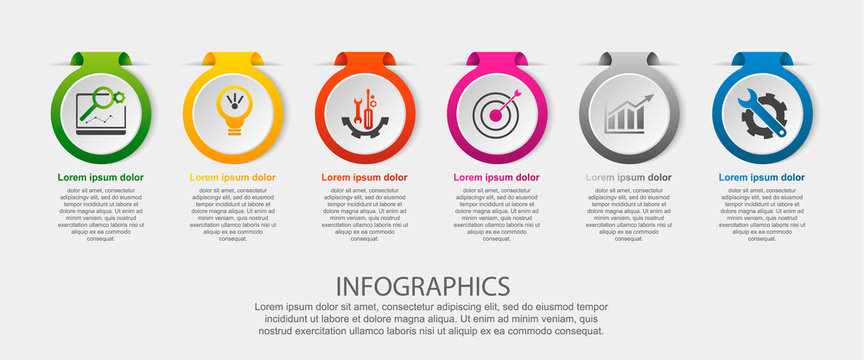 Modern vector illustration. Infographic template with the image of 6 circles, in the form of a label. 3d style six elements. Used for business presentations, education, web design, diagrams
