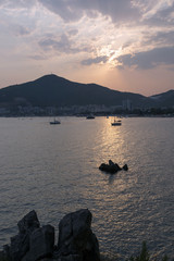 Budva, Montenegro - August 05, 2017: Seashore in the minutes of sunset