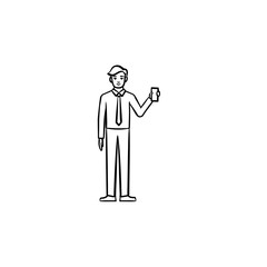 Man with electronic tablet hand drawn outline doodle vector icon. A man holding electronic device sketch illustration for print, web, mobile and infographics isolated on white background.