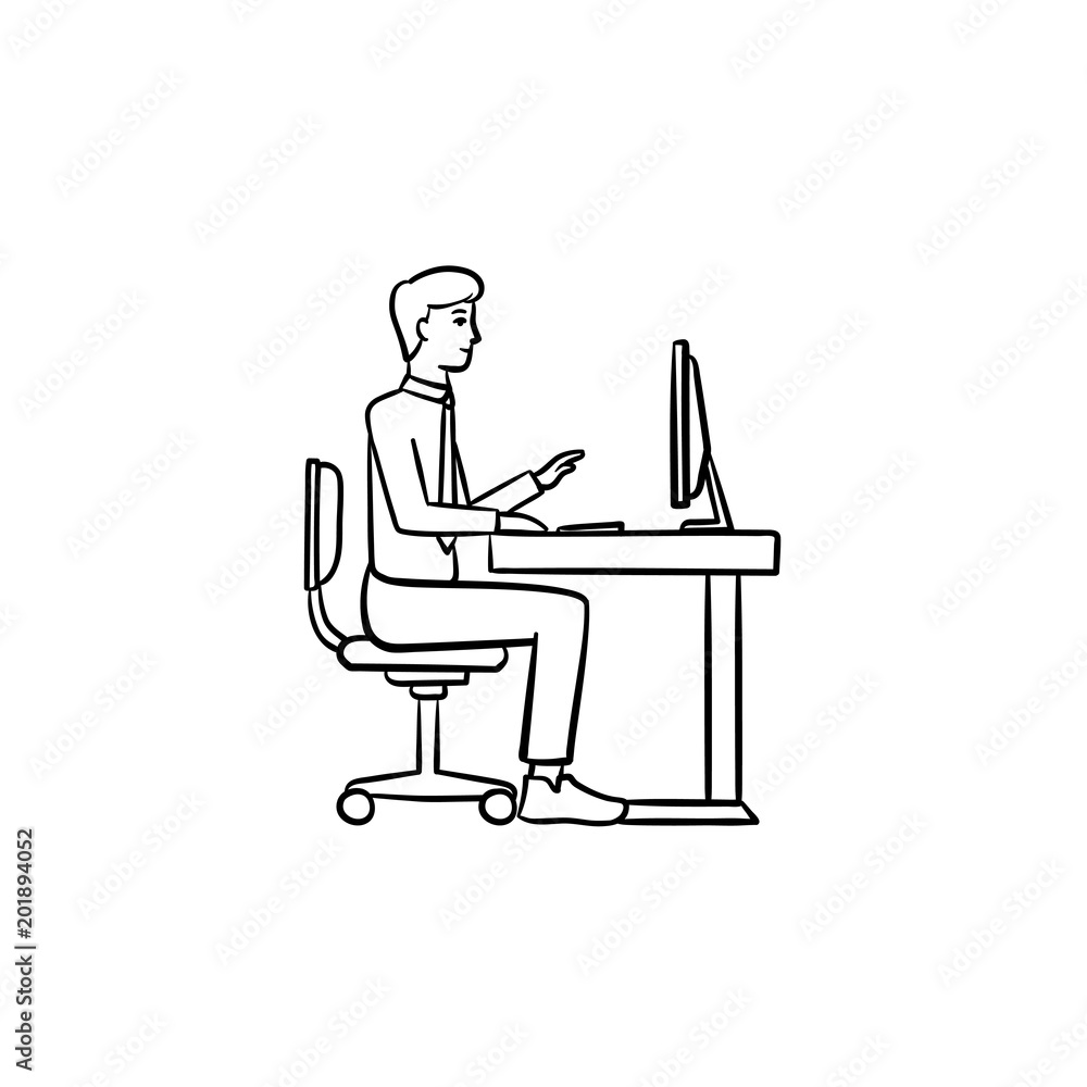 Wall mural Man working on a computer hand drawn outline doodle vector icon. Working place sketch illustration for print, web, mobile and infographics isolated on white background.