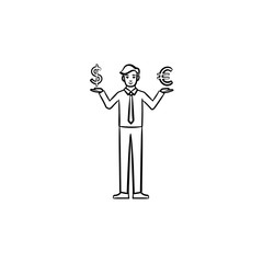 Investment hand drawn outline doodle vector icon. Man holding us dollar and euro sketch illustration for print, web, mobile and infographics isolated on white background. Concept of investment risk.