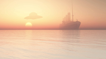 ufo flying over ocean liner