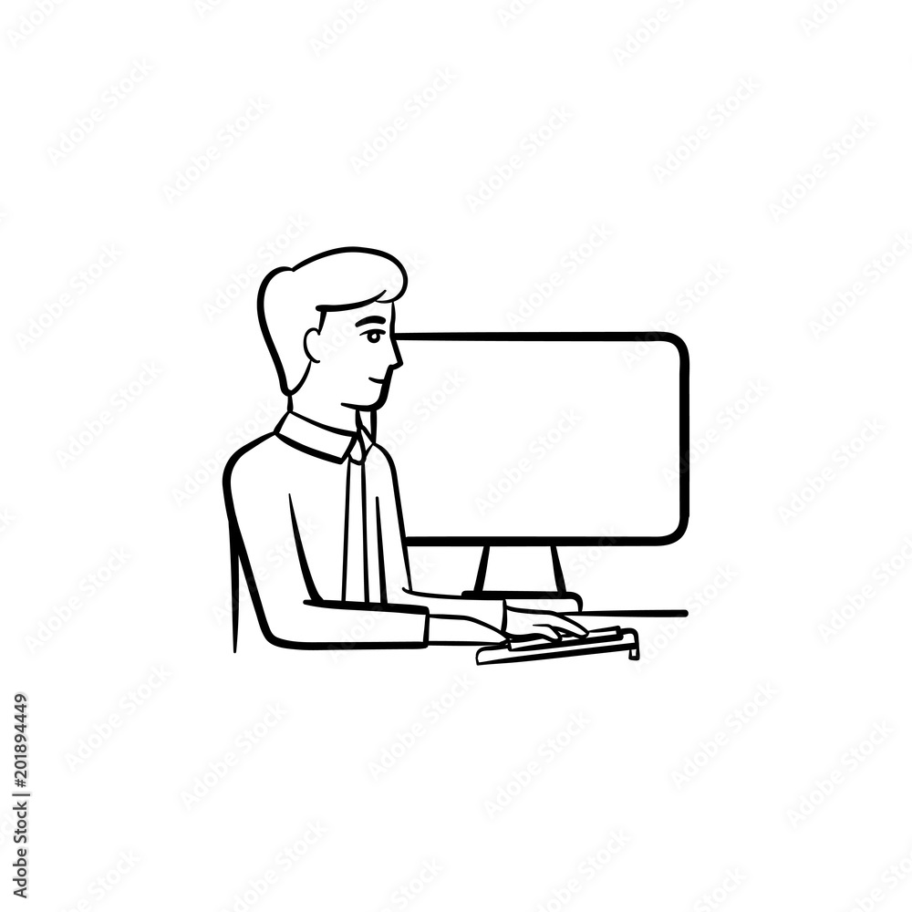 Poster working guy vector hand drawn outline doodle icon. guy working on a computer sketch illustration for