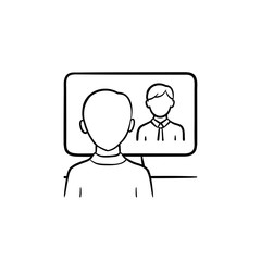 Man running video conference in the office vector hand drawn outline doodle icon. Business man in the office sketch illustration for print, web, mobile and infographics isolated on white background.