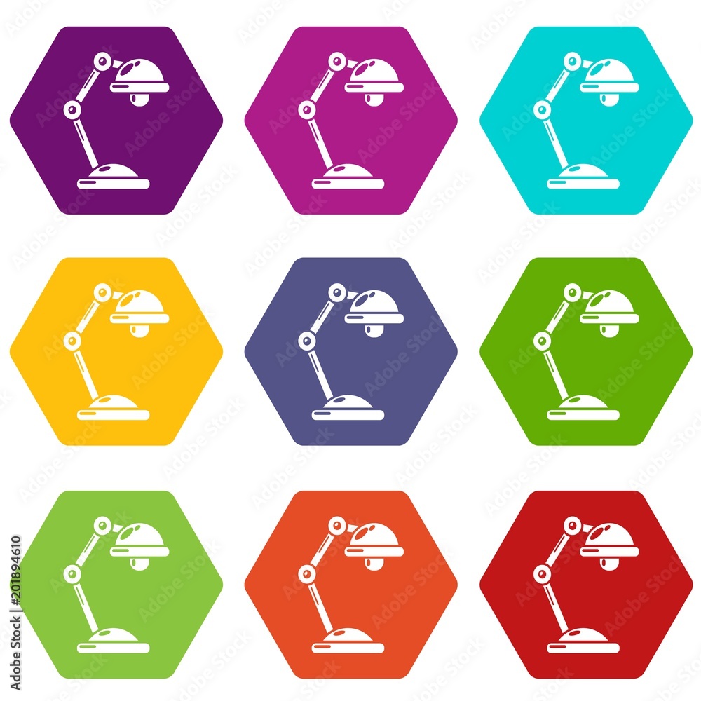 Poster table lamp icons 9 set coloful isolated on white for web