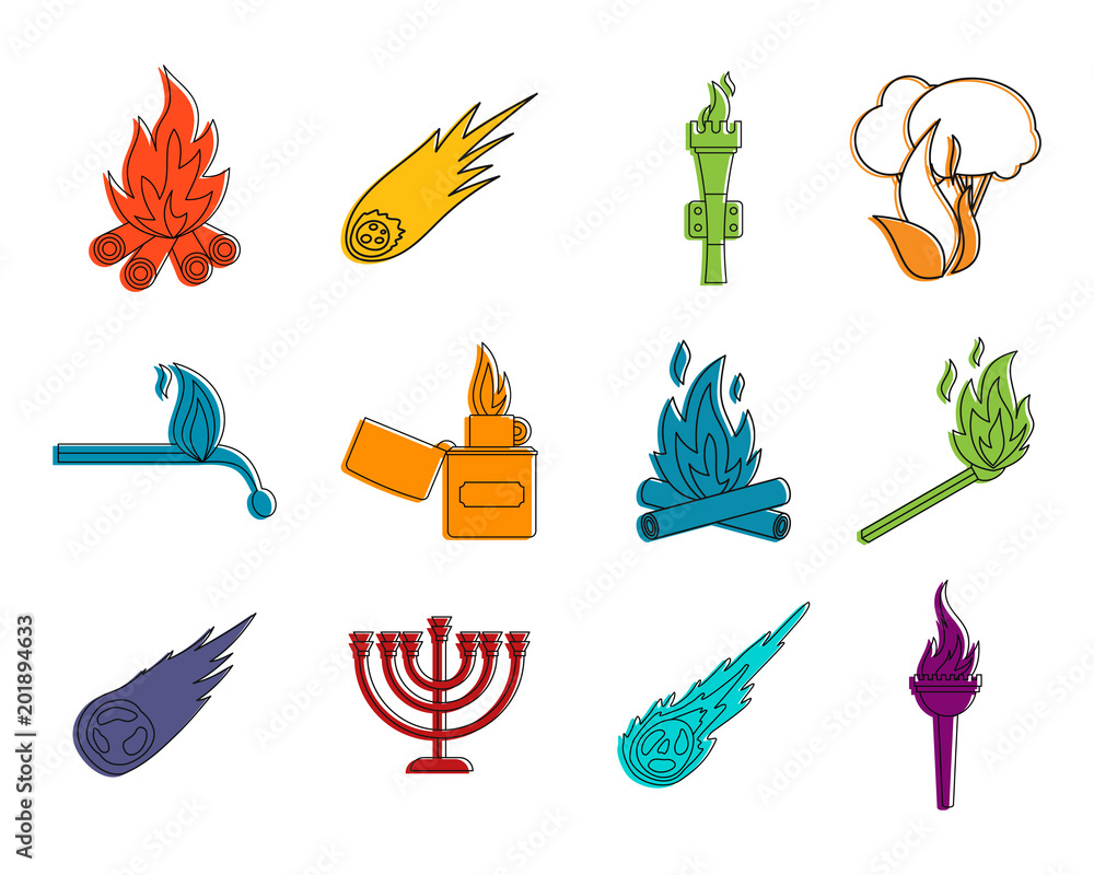Poster fire icon set. color outline set of fire vector icons for web design isolated on white background