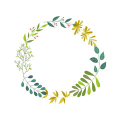 Vector flat abstract green plants circle frame. Wild meadow field grass garden spring easter, women day romantic holiday wedding invitation card decoration template summer floral isolated Illustration