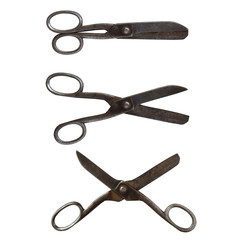 Working tool vintage scissors on white background. Top view