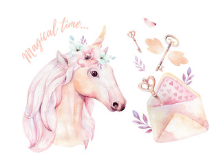 Isolated cute watercolor unicorn clipart with flowers. Nursery unicorns illustration. Princess rainbow poster. Trendy pink cartoon pony horse.