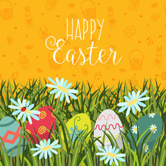 Happy Easter greeting card, postcard, banner design with text and painted eggs, grass and flowers, flat style vector illustration. Happy Easter postcard, greeting card, banner with eggs and flowers