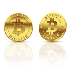 Two Gold Coins Bitcoin isolated on white background. Concept cryptocurrency,  blockchain in the financial world.