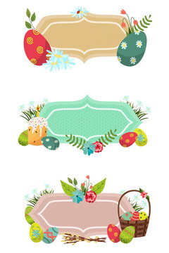 vector easter holiday banner, poster template set with spring element rabbit decorated eggs, daisy flowers willow twigs, wicker basket, cake, ladybug gree grass white isolated background illustration.