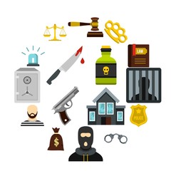 Crime and punishment icons set in flat style. Law and order set collection vector illustration