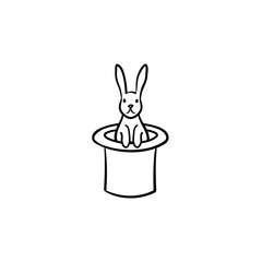 Fototapeta premium Rabbit in a magician hat hand drawn outline doodle icon. Cylinder hat with rabbit vector sketch illustration for print, web, mobile and infographics isolated on white background.