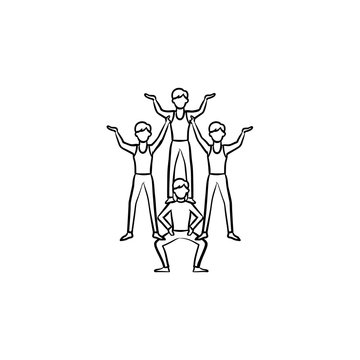 Circus artists making a human pyramid hand drawn outline doodle icon. Circus performers making a trick vector sketch illustration for print, web, mobile and infographics isolated on white background.