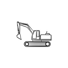 Excavator with moving backhoe hand drawn outline doodle icon. Buldozer vector sketch illustration for print, web, mobile isolated on white background. Construction industry and machinery concept.