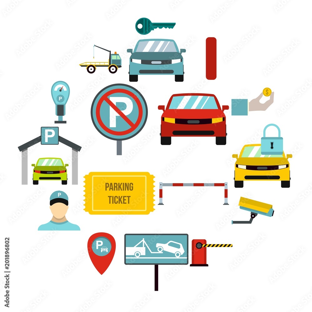 Poster flat parking icons set. universal parking icons to use for web and mobile ui, set of basic parking e