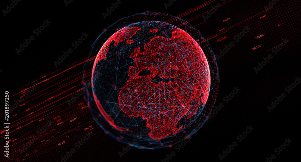 Poster Global International Connectivity Background/Connection lines Around Earth Globe, Theme Background with Light Effect. Earth from space at night with a digital communication system