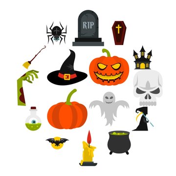 Halloween icons set in flat style. Halloween elements set collection vector illustration