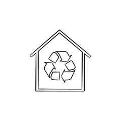 Eco house with recycle symbol hand drawn outline doodle icon. Building with recycle sign vector sketch illustration for print, web, mobile and infographics isolated on white background.