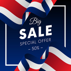 Big sale banner or sticker. Special offer. Fifty percent off. Costa Rica flag. Vector illustration.