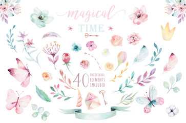 Hand drawing isolated boho watercolor blossom floral illustration with leaves, branches, flower. Bohemian greenery flowers and butterfly. Elements for greeting wedding card.