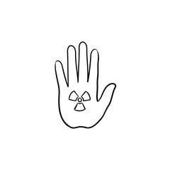 Stop hand sign with ionizing radiation symbol hand drawn doodle icon. Palm hand with stop gesture vector sketch illustration for print, web, mobile and infographics isolated on white background.