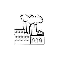 Obraz premium Factory hand drawn outline doodle icon. Air pollution by smoke coming out of factory chimneys vector sketch illustration for print, web, mobile and infographics isolated on white background.