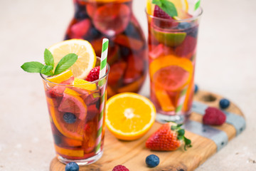 Summer cold cocktail, Sangria drink with fruit