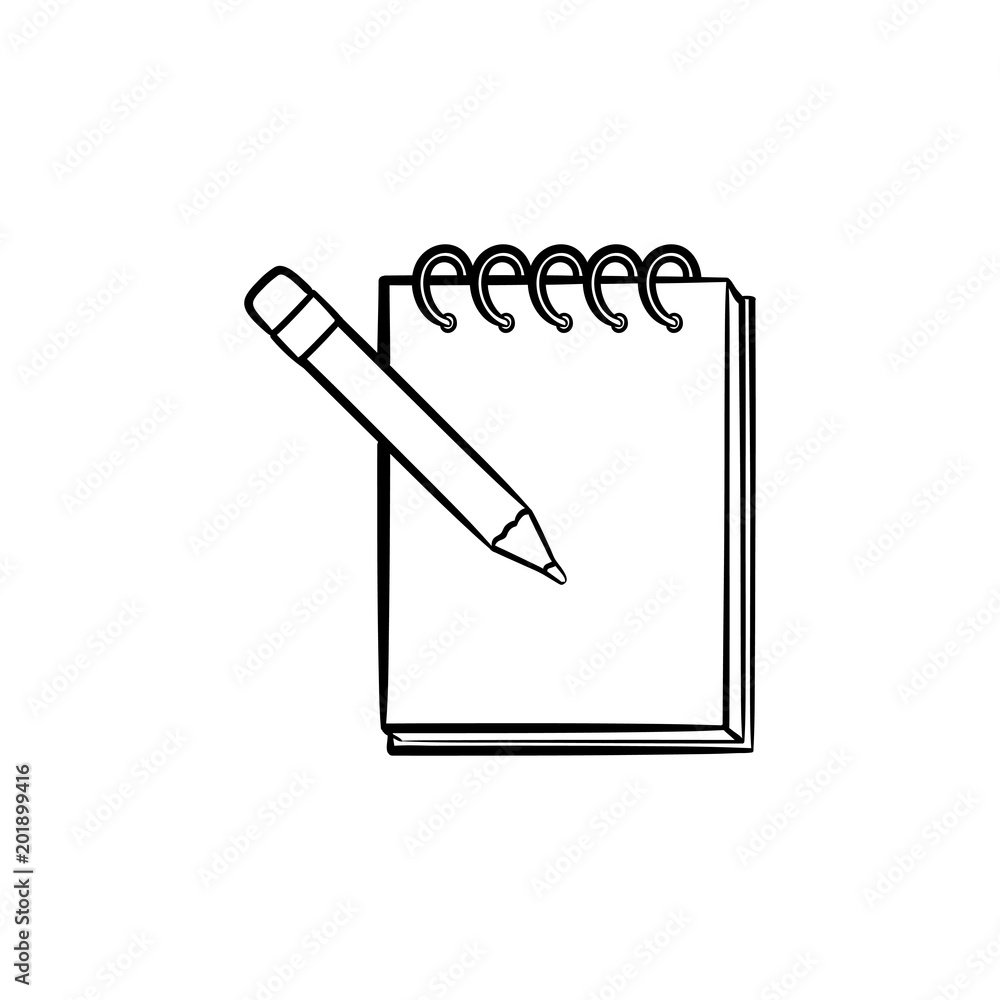 Poster pencil and notepad with binders hand drawn outline doodle icon. taking notes in notepad vector sketc