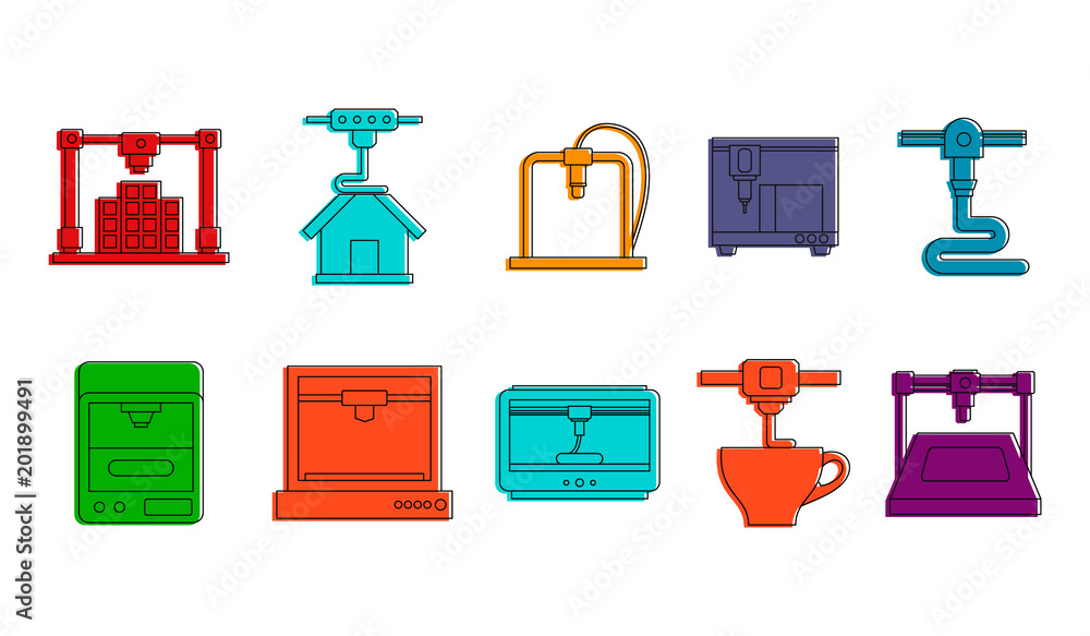 Poster printer 3d icon set. color outline set of printer 3d vector icons for web design isolated on white b